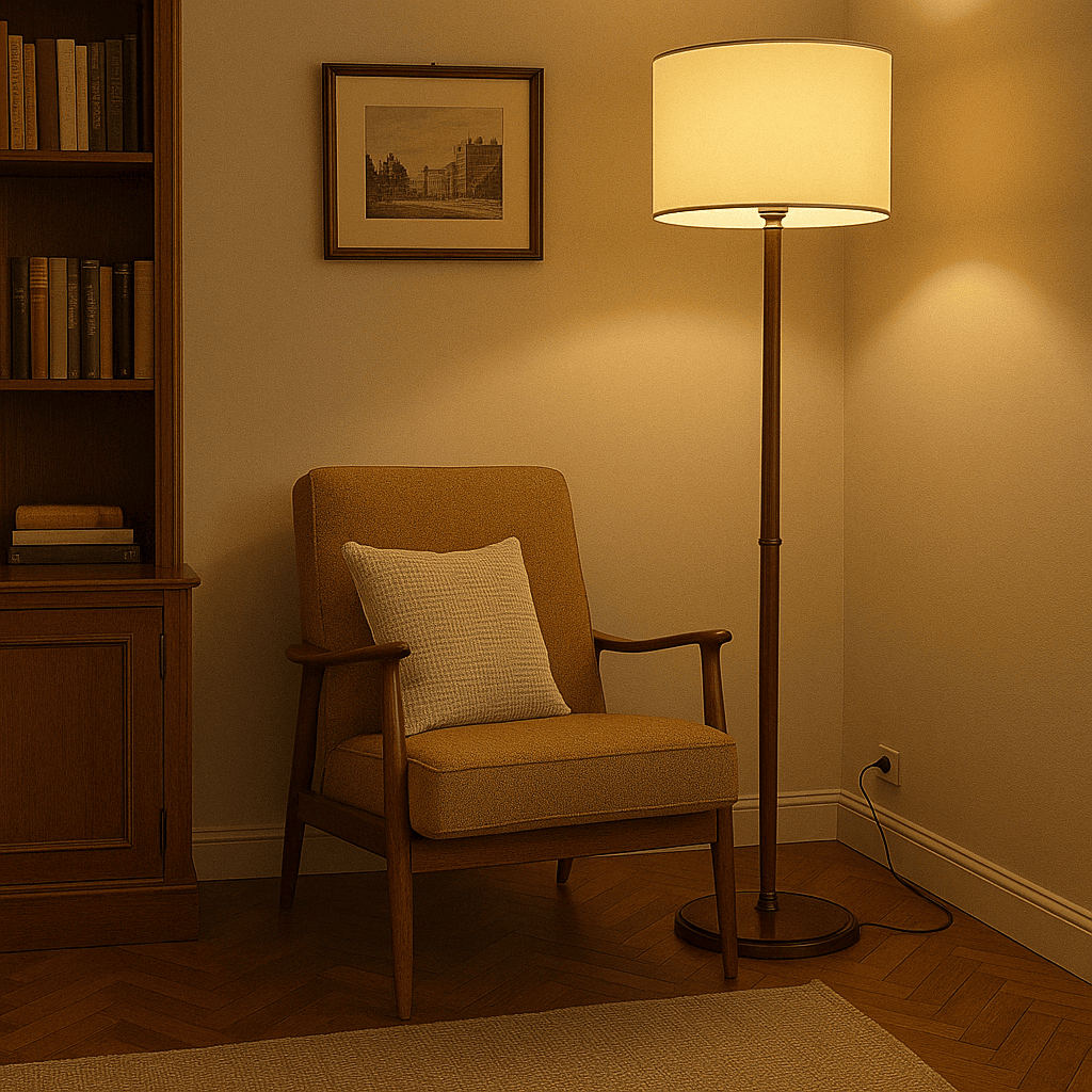 Lampada da Terra Vintage Anni 50-60 in Faggio e Ottone