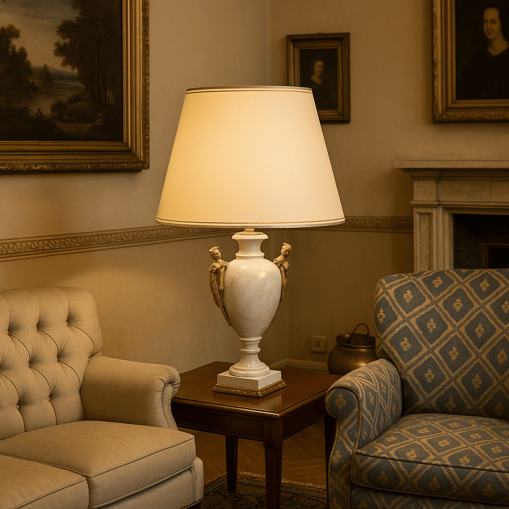 Coppia di Lampade in Marmo Bianco e Bronzo Dorato