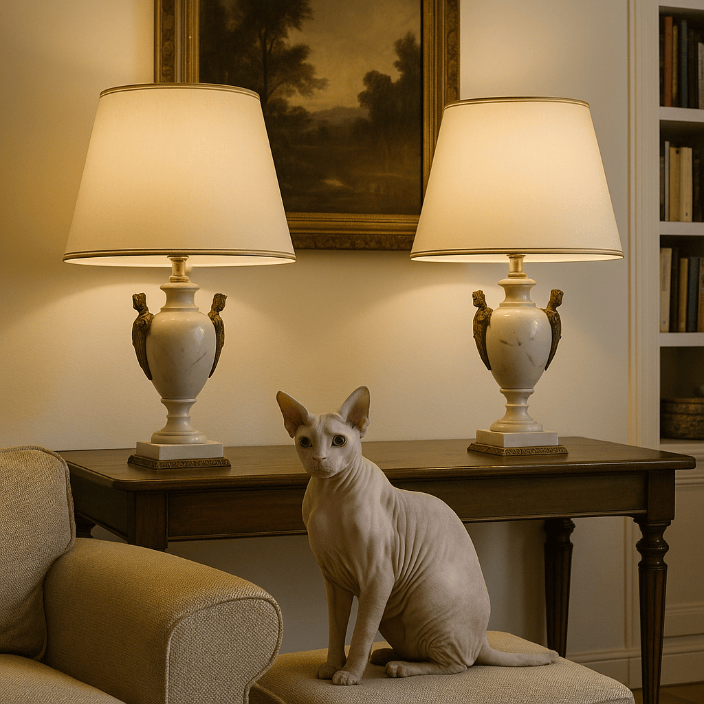 Coppia di Lampade in Marmo Bianco e Bronzo Dorato