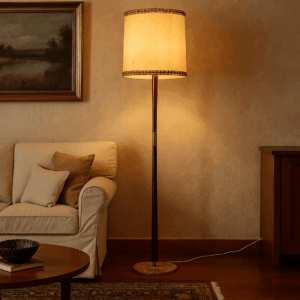 Lampada mid-century in legno di faggio e ottone