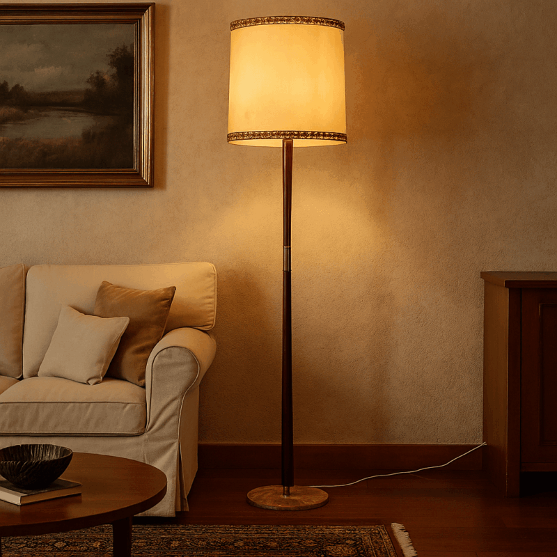 Lampada mid-century in legno di faggio e ottone