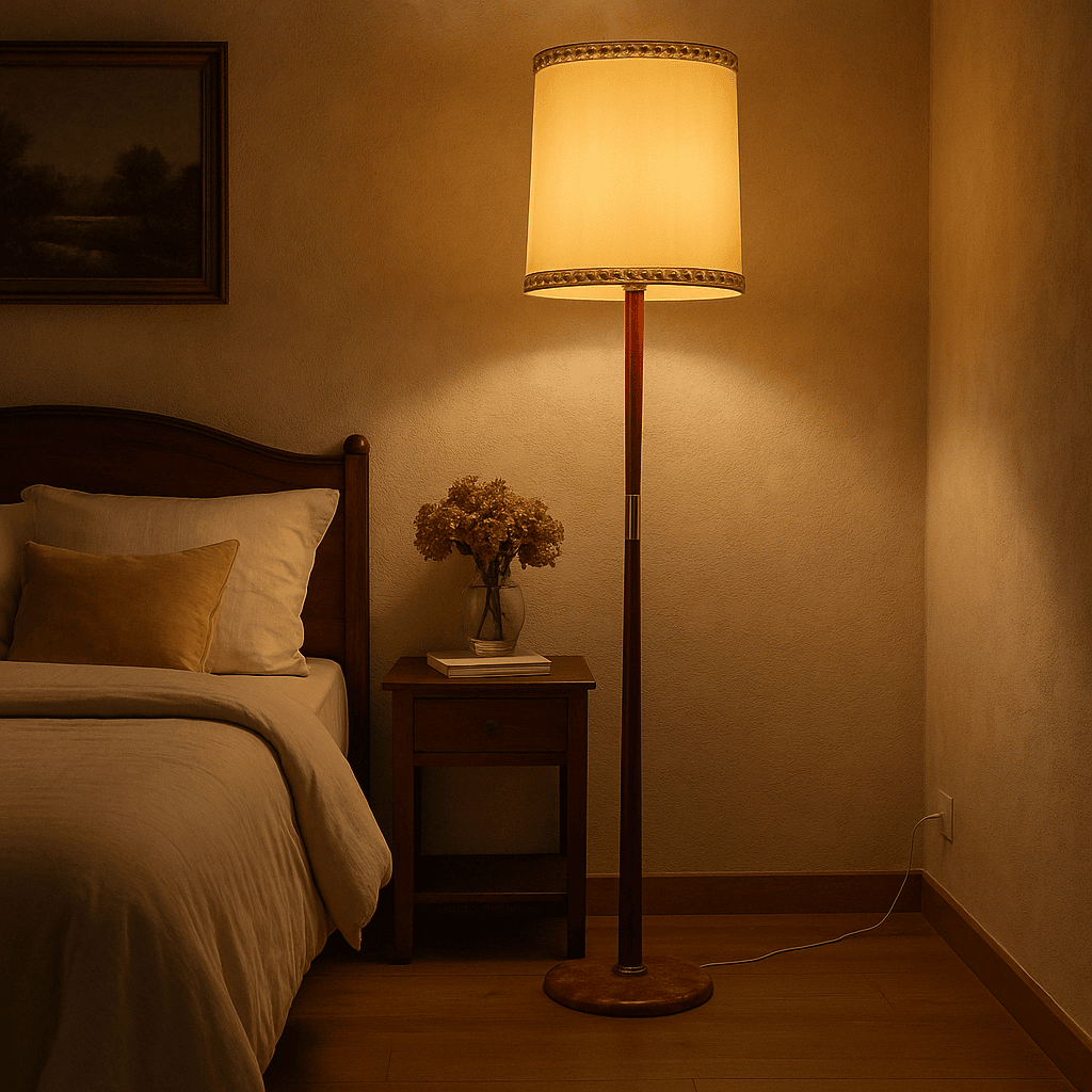 Lampada mid-century in legno di faggio e ottone