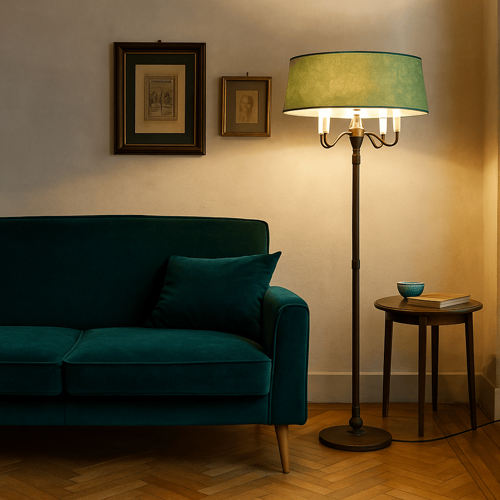 Lampada da terra vintage anni ’50 in ottone e tessuto