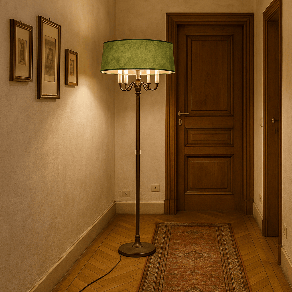 Lampada da terra vintage anni ’50 in ottone e tessuto