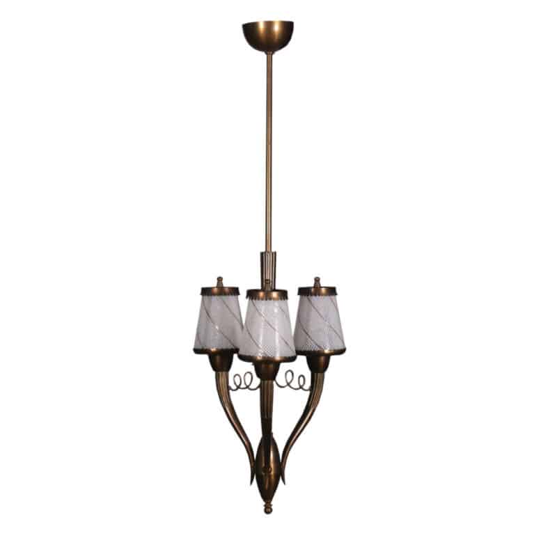 Lampada a sospensione anni '40 in ottone e vetro
