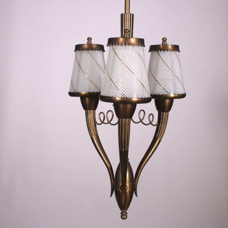Lampada a sospensione anni '40 in ottone e vetro