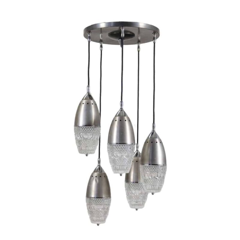 Lampada sospesa anni '60 con 5 luci in vetro e metallo