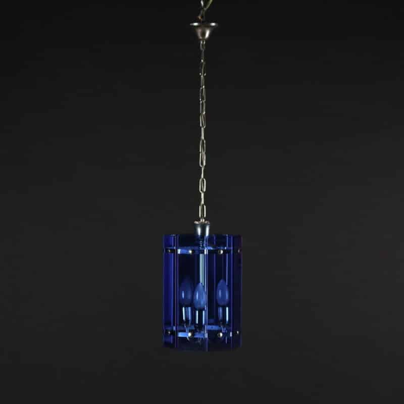 Lampada a sospensione anni ’60 in vetro blu e metallo cromato