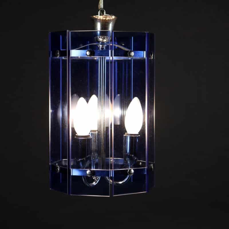 Lampada a sospensione anni ’60 in vetro blu e metallo cromato