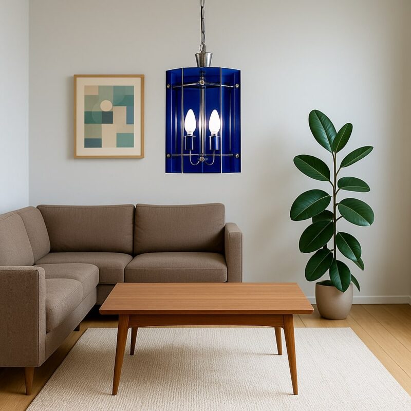 Lampada a sospensione anni ’60 in vetro blu e metallo cromato