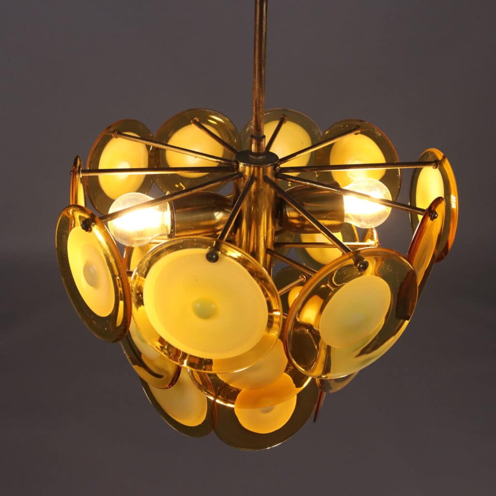 Lampada Vistosi anni '70 in vetro soffiato e ottone