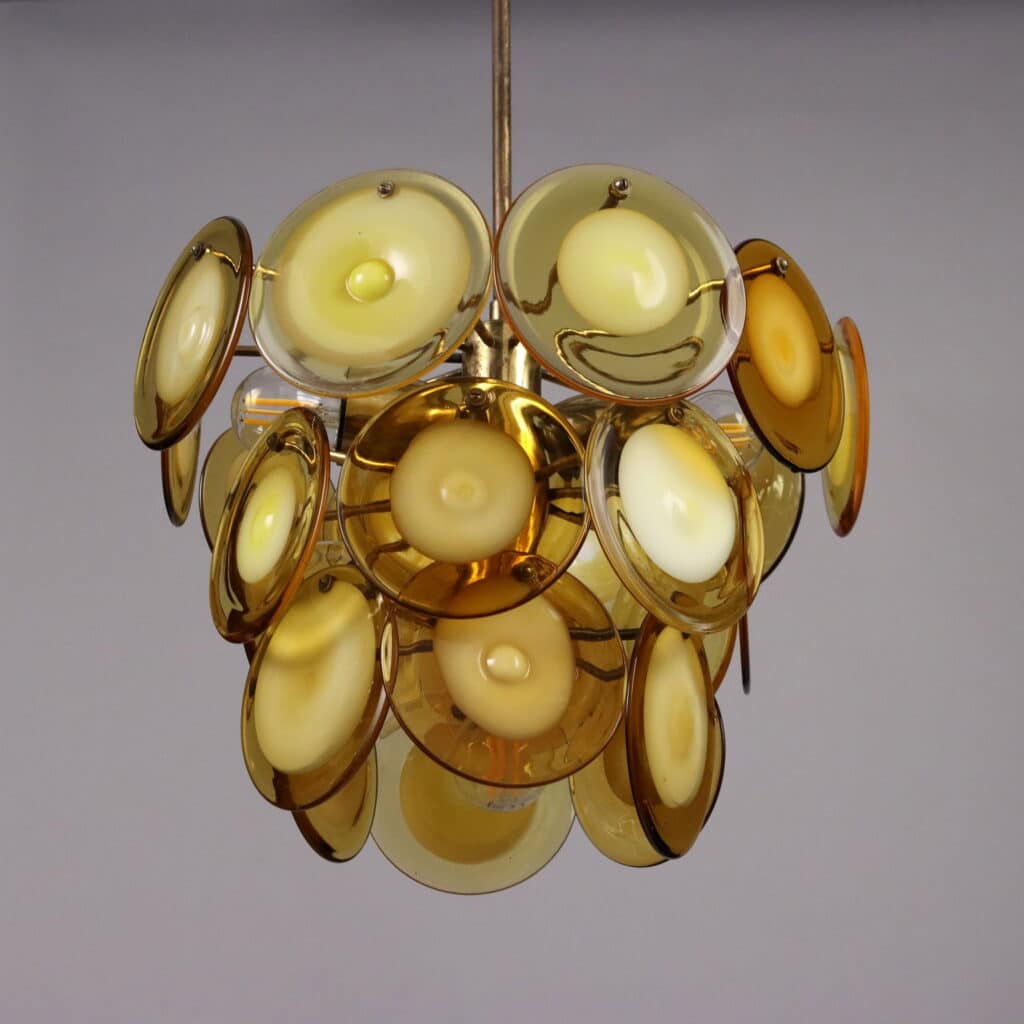 Lampada Vistosi anni '70 in vetro soffiato e ottone