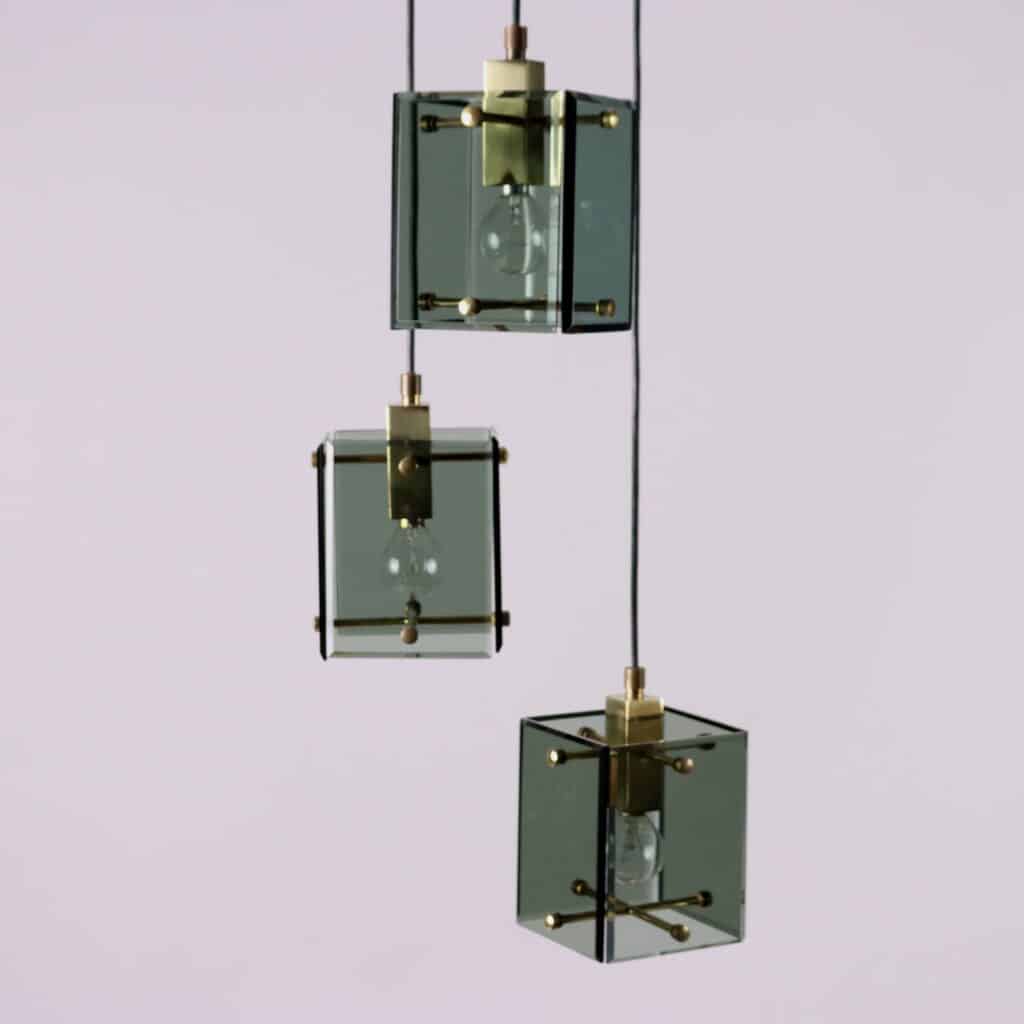 Lampada a soffitto anni '60 con vetro fumé e ottone