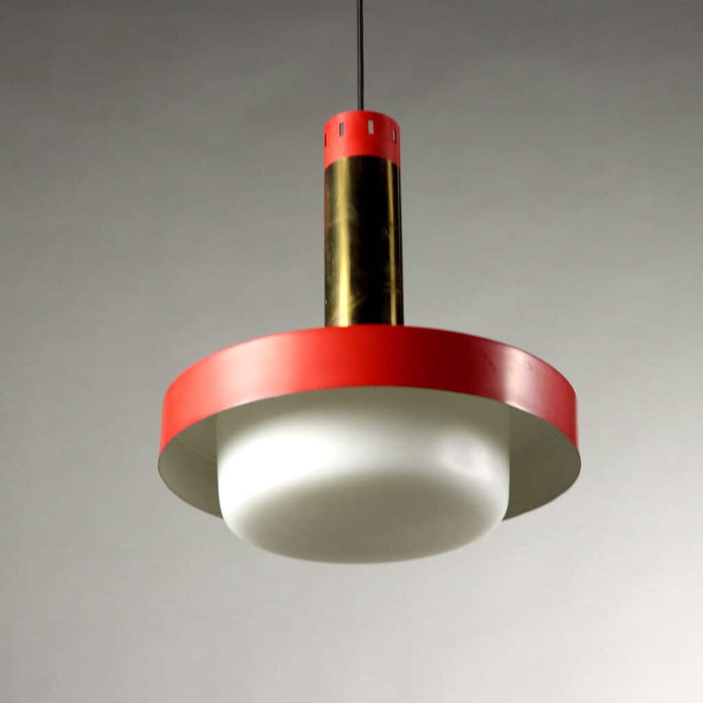 Lampada a soffitto vintage anni '60 in ottone e metallo rosso