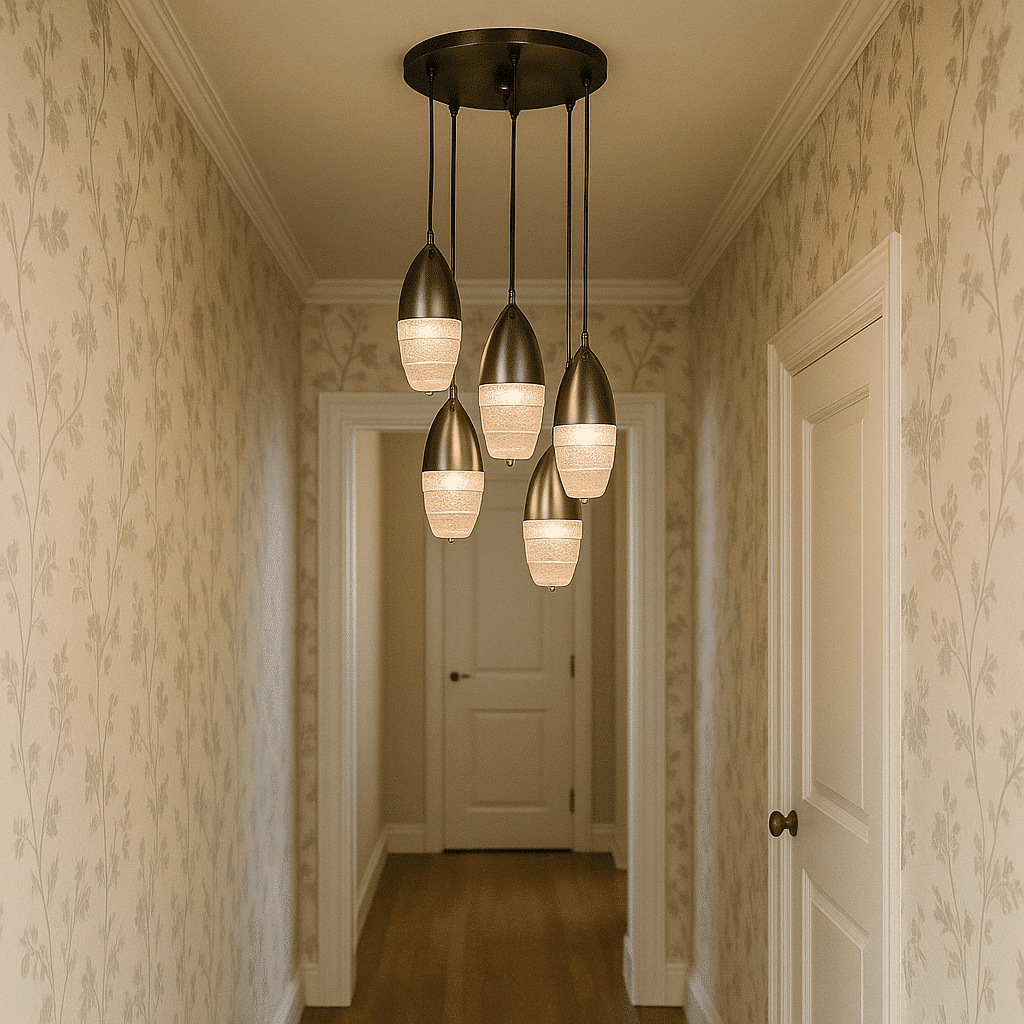 Lampada sospesa anni '60 con 5 luci in vetro e metallo